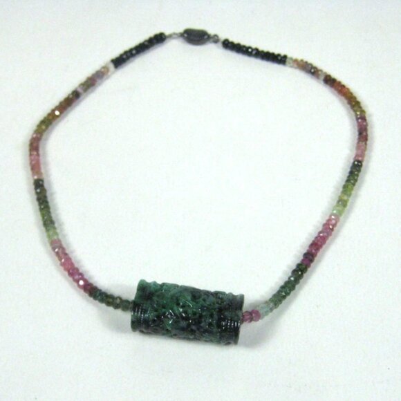Tourmaline Faceted Bead Necklace Carved Jade Pendant Sterling Silver Clasp 18 In - Picture 13 of 13